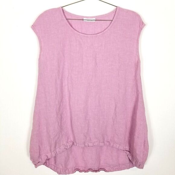 Bryan Walker Women 100% Linen Blouse Top Sz L Pink Short Cap Sleeve  Hi Low - Picture 1 of 4